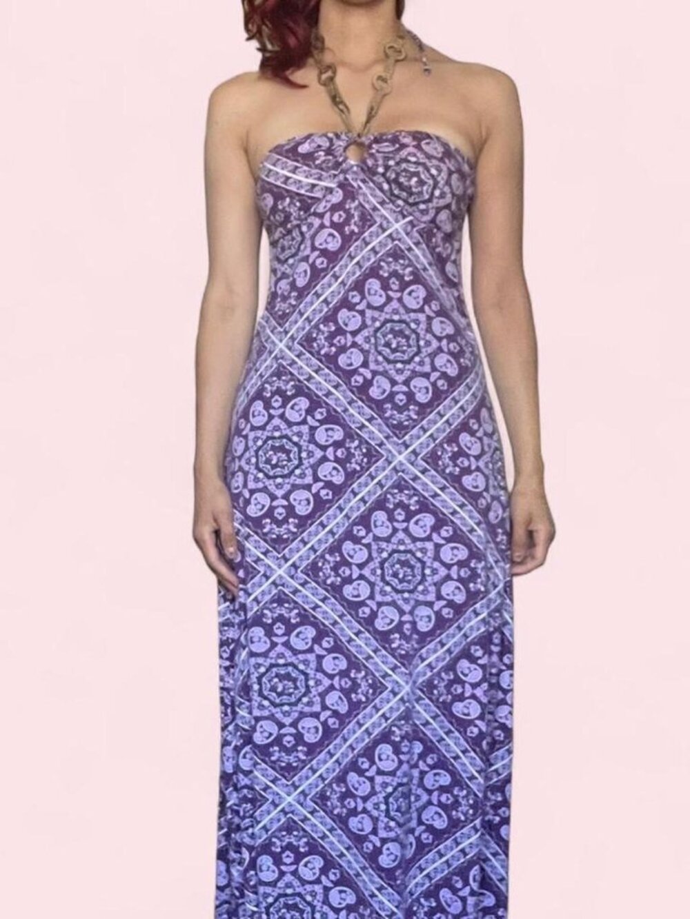 TRUE Y2K vintage Purple and white wood-tie halter maxi dress with a boho vibe si